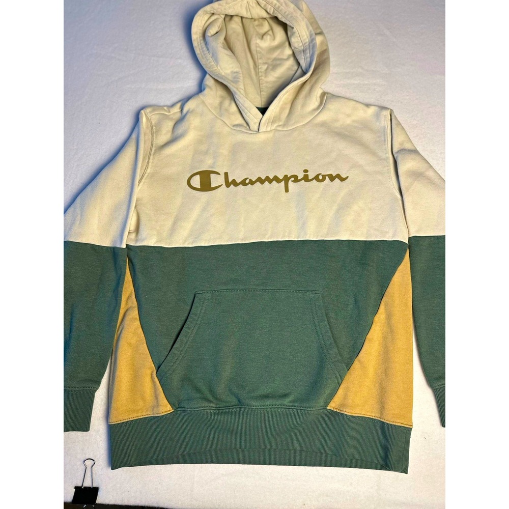 Champion Boys White Green Beige Colorblock Logo Pullover Hoodie Pockets 10-12